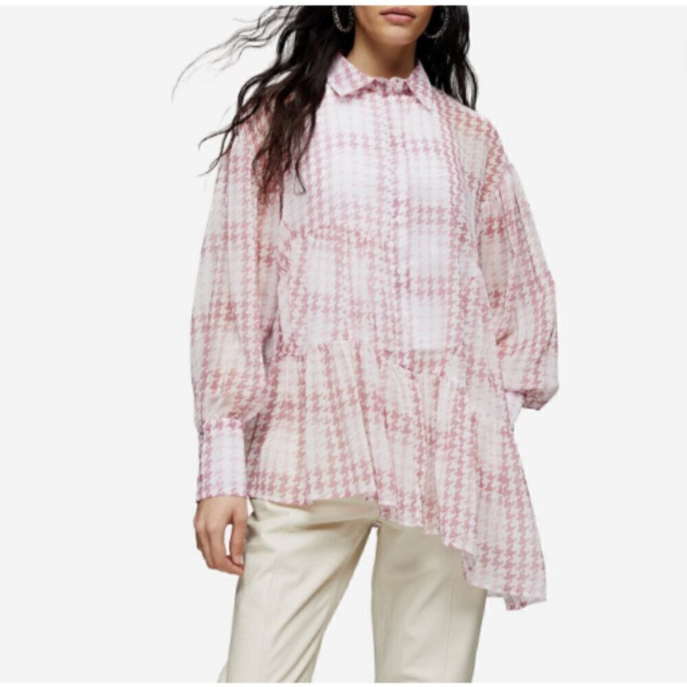 TOPSHOP Babydoll Blouse Size 8 Tiered Chiffon Pink Check Tunic Top Long Flowy